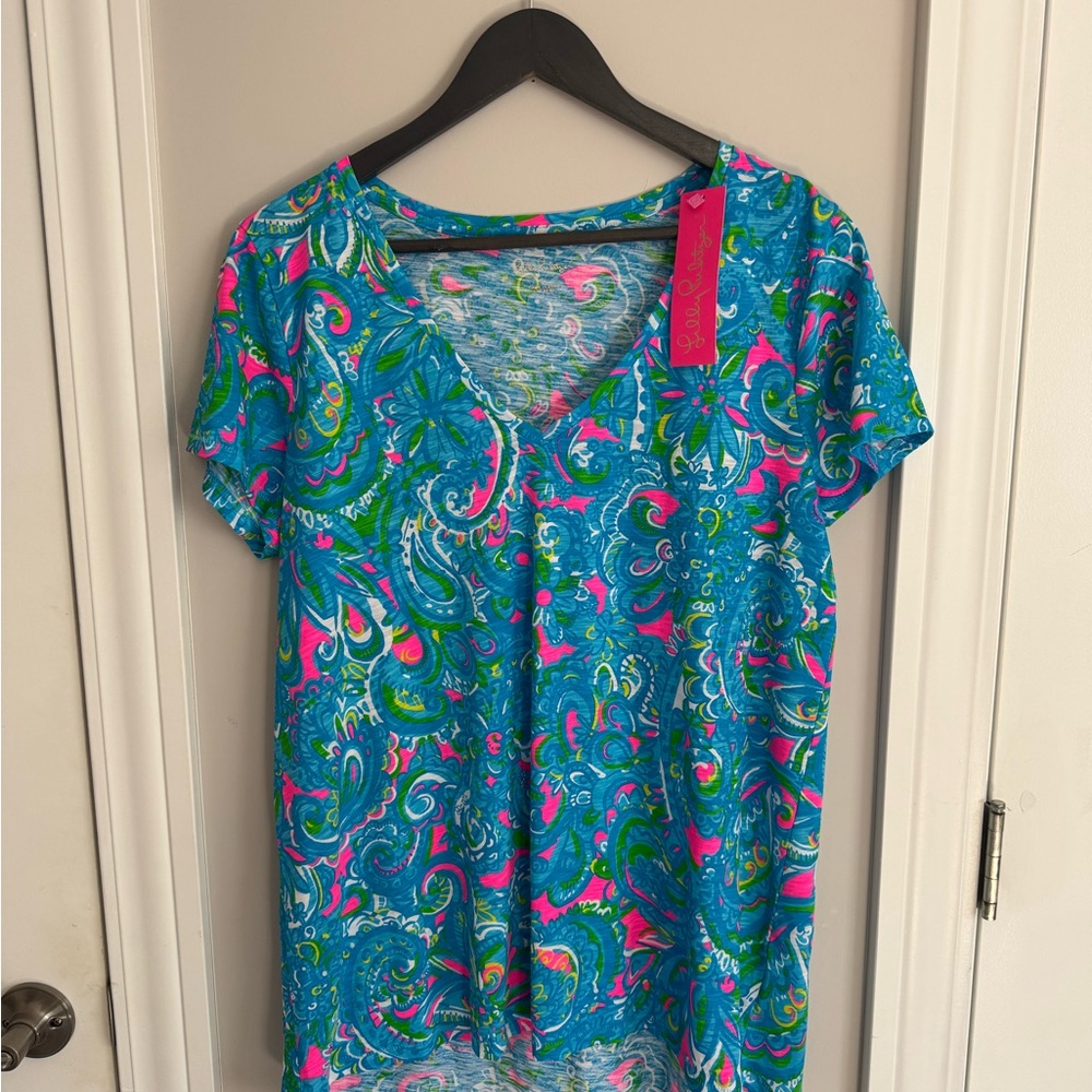 Lilly Pulitzer Etta V-Neck Tee in Seabreeze Blue “Hey Gull Friend” - Size Large